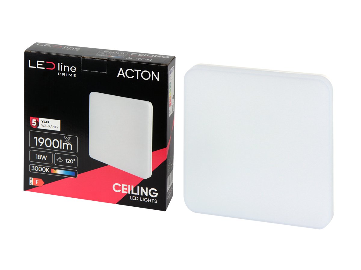 Plafonlamp ACTON 3000K 18W 1900lm vierkant IP54 wit PRIME