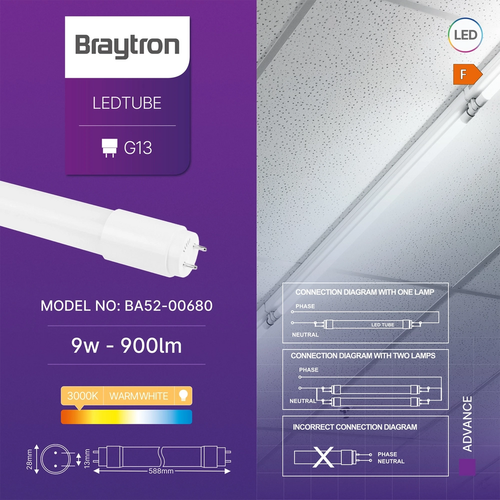 Braytron Advance LED Buis 9W G13 3000K DB T8 GLS