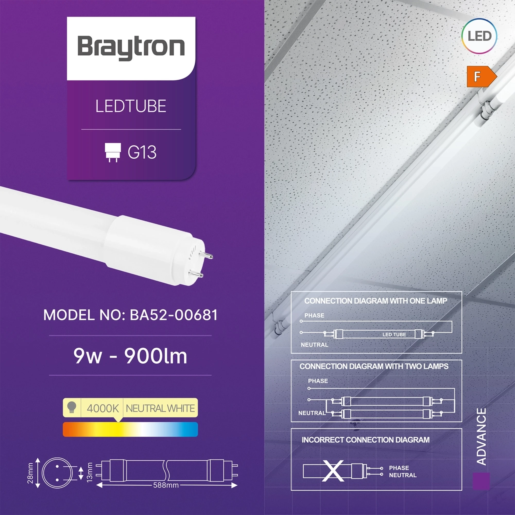 Braytron Advance LED Buis 9W G13 4000K DB T8 GLS