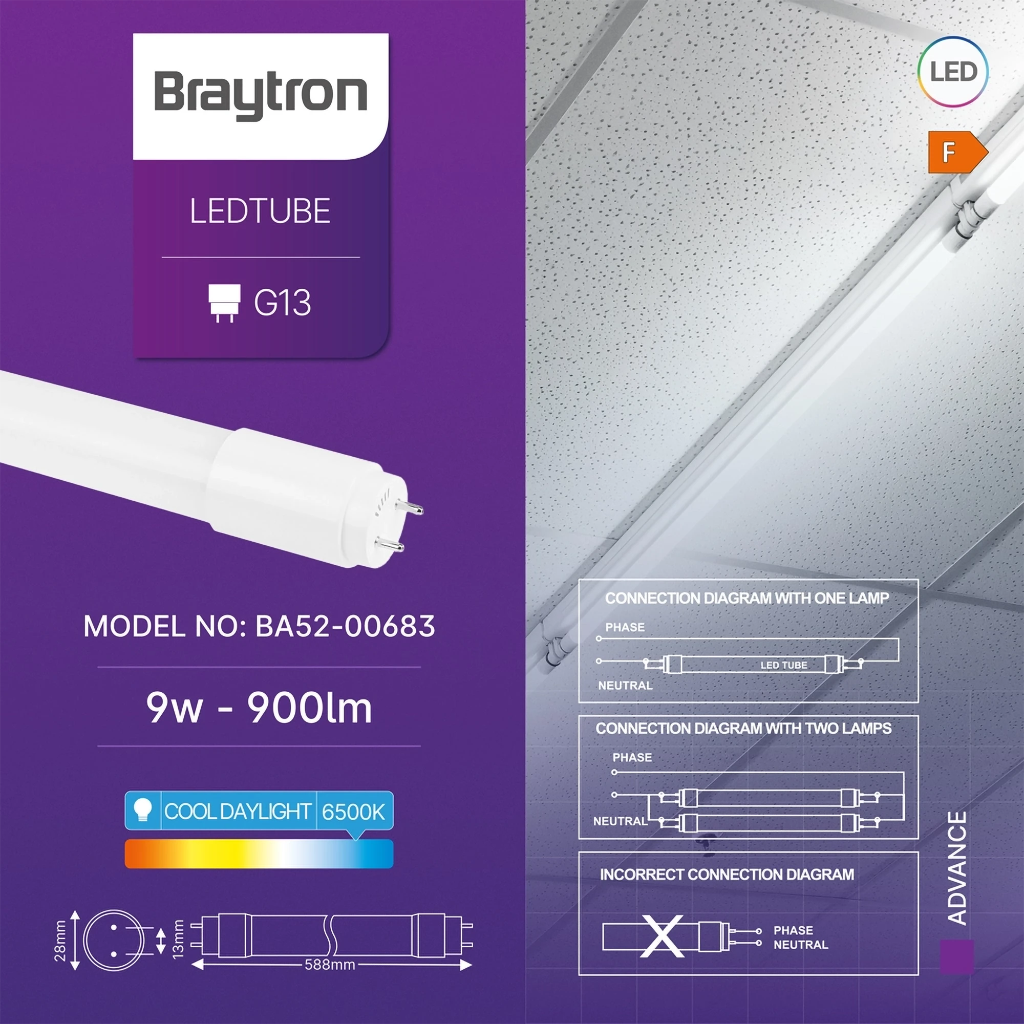Braytron Advance LED Buis 9W G13 6500K DB T8 GLS
