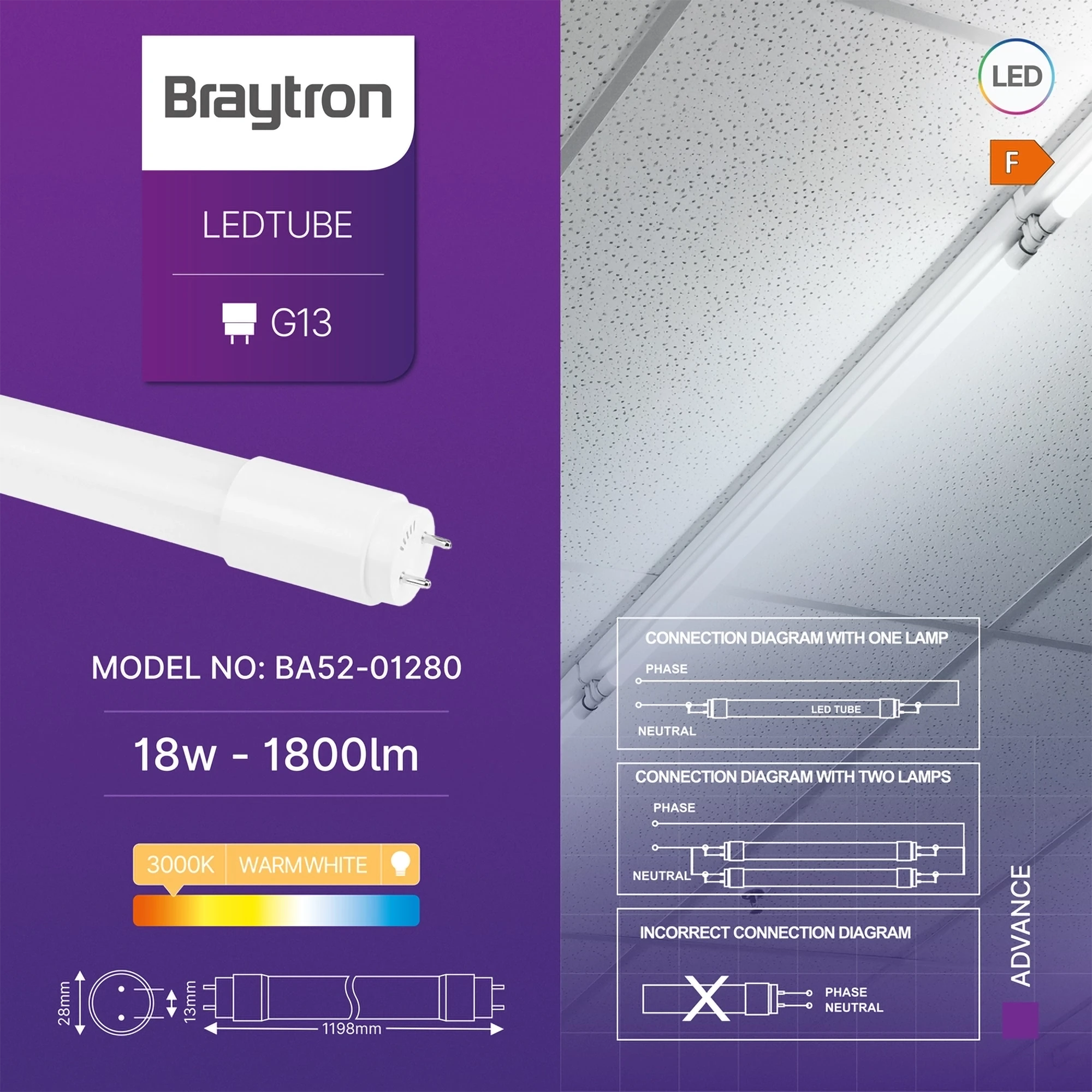 Braytron Advance LED Buis 18W G13 3000K DB T8 GLS