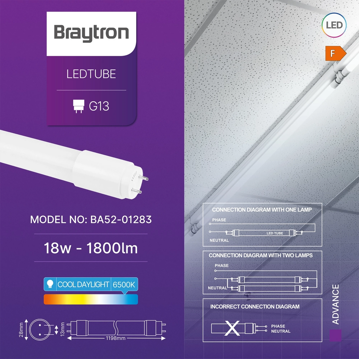 Braytron Advance LED Buis 18W G13 6500K DB T8 GLS