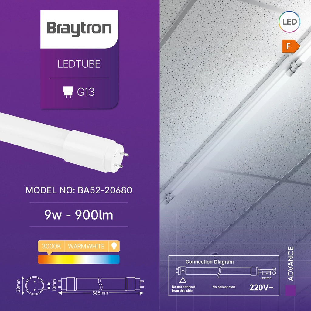 Braytron Advance LED Buis 9W G13 3000K SG T8 GLS