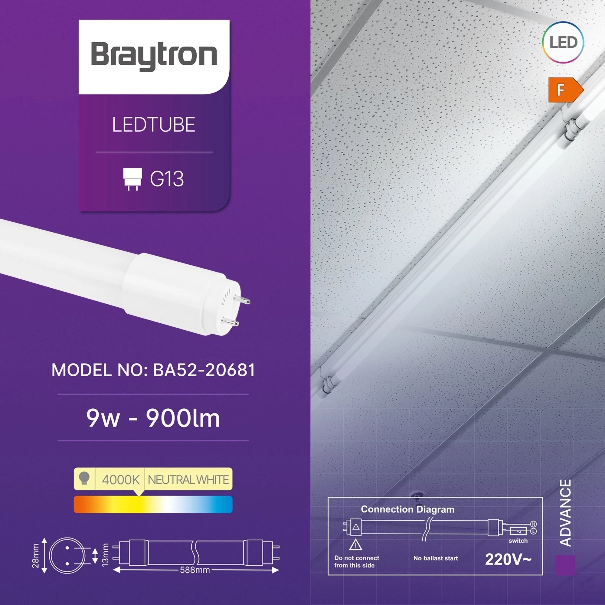 Braytron Advance LED Buis 9W G13 4000K SG T8 GLS