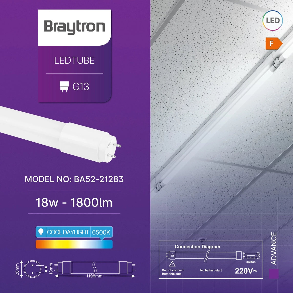Braytron Advance LED Buis 18W G13 6500K SG T8 GLS
