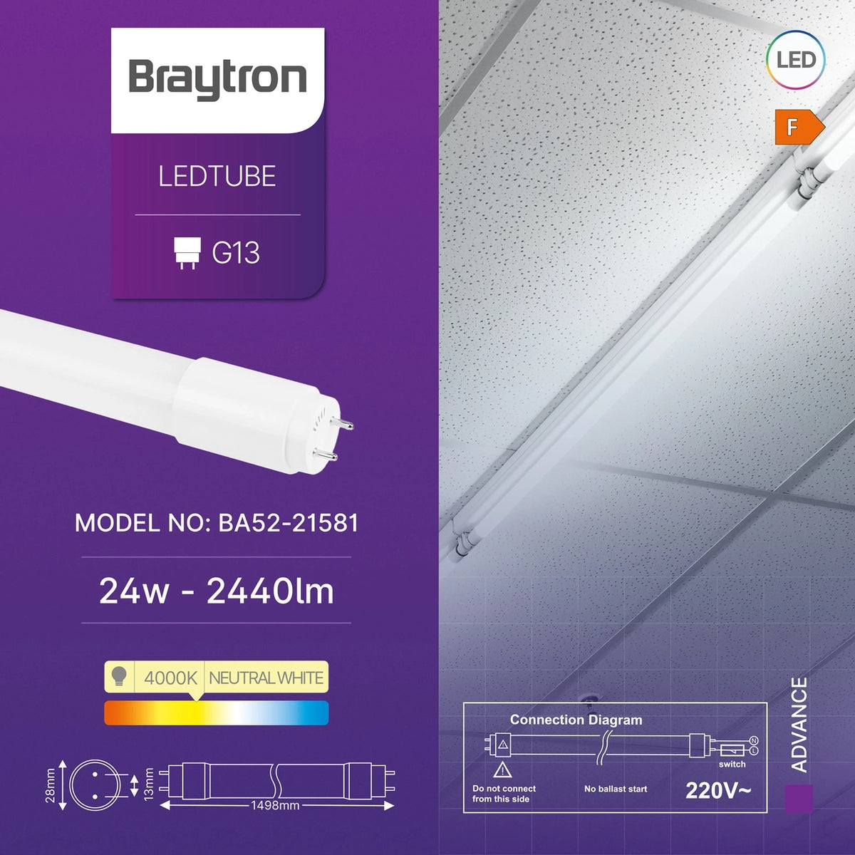 Braytron Advance LED Buis 24W G13 4000K SG T8 GLS