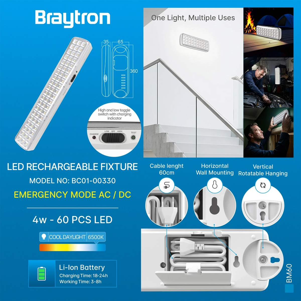 Braytron Bm60 Rechargeable Light 6500K Wit 60LED