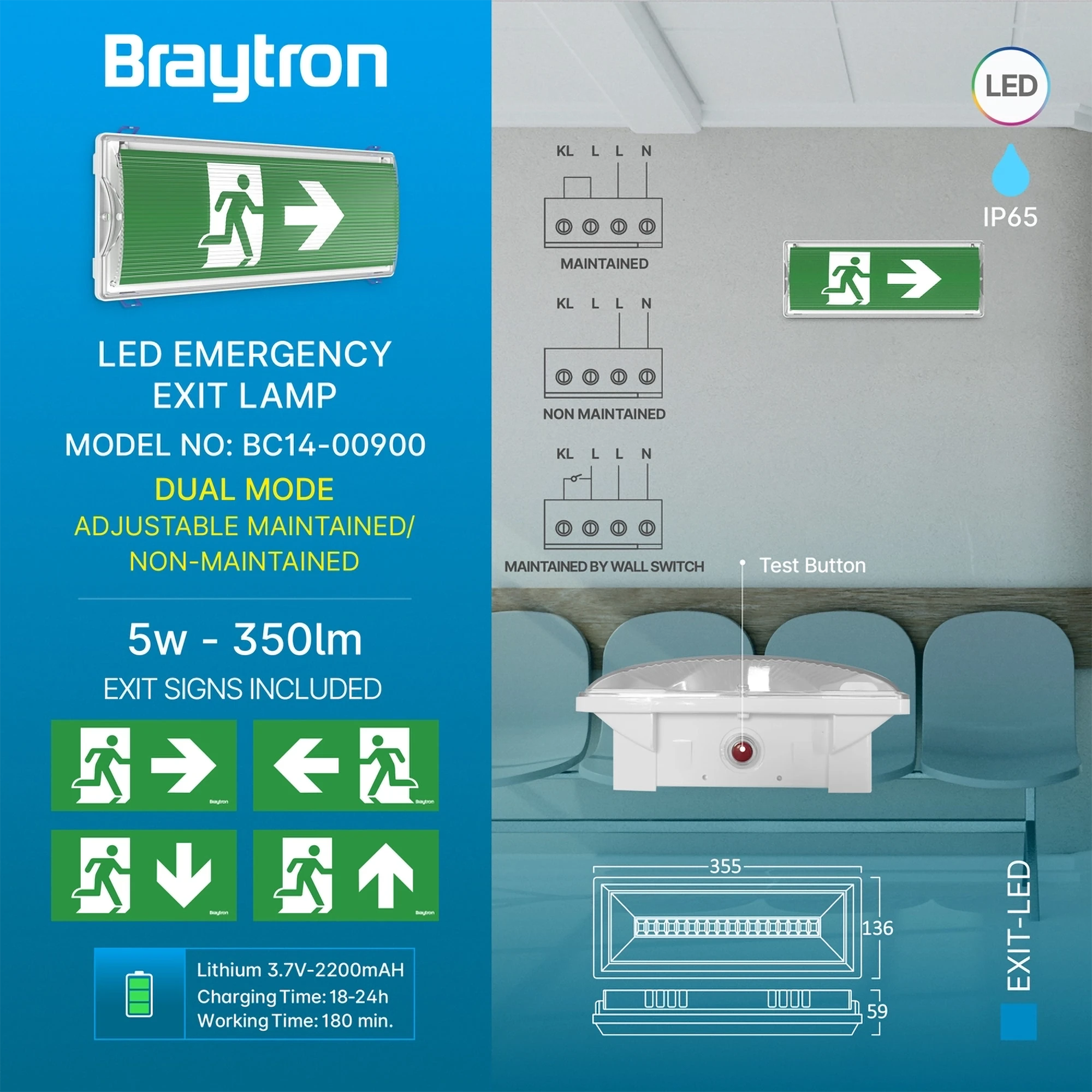 Braytron Exit Nooduitgangverlichting 5W IP65 Wit LED DUAL