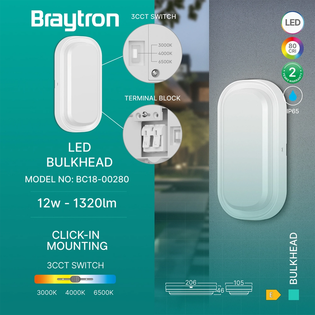 Braytron Bulkhead LED Bulkhead-armatuur 12W IP65 Wit ELP 3IN1