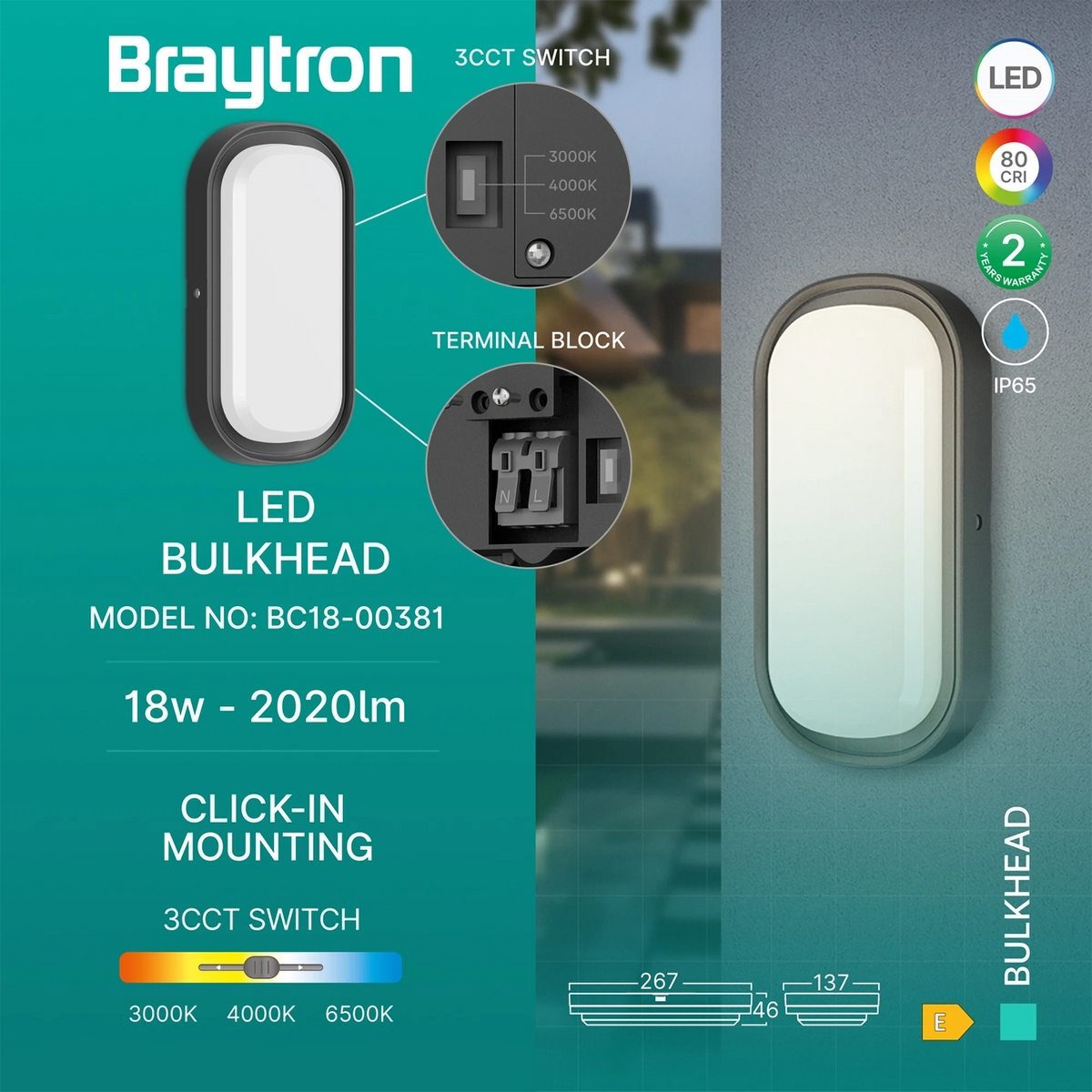 Braytron Bulkhead LED Bulkhead-armatuur 18W IP65 Zwart ELP 3IN1