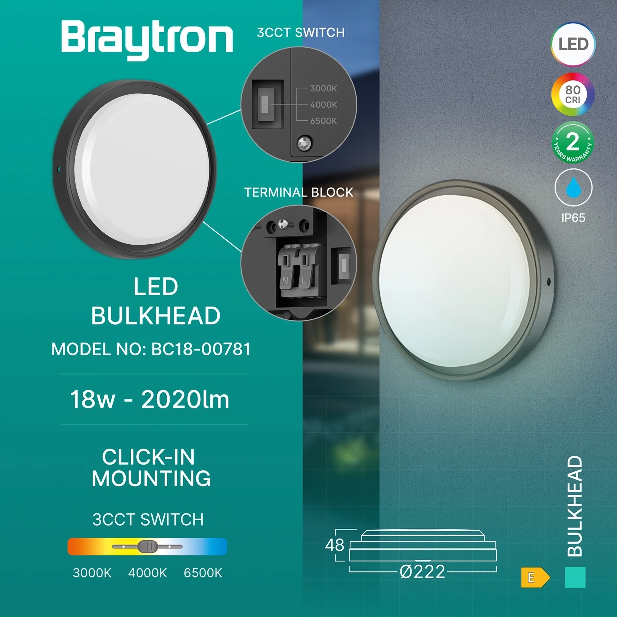 Braytron Bulkhead LED Bulkhead-armatuur 18W IP65 Zwart RND 3IN1