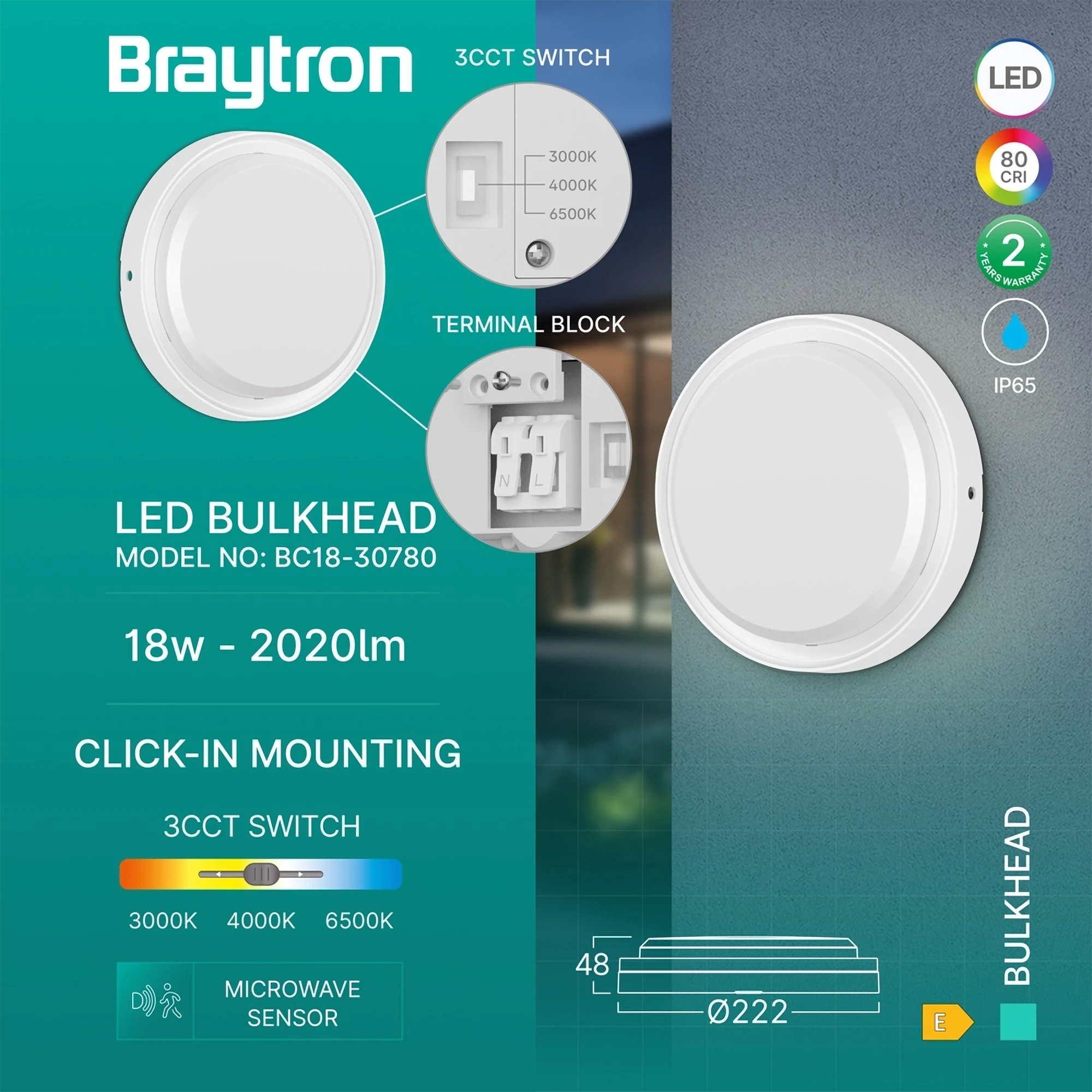Braytron Bulkhead LED Bulkhead-armatuur 18W IP65 Wit RND SNS 3IN1