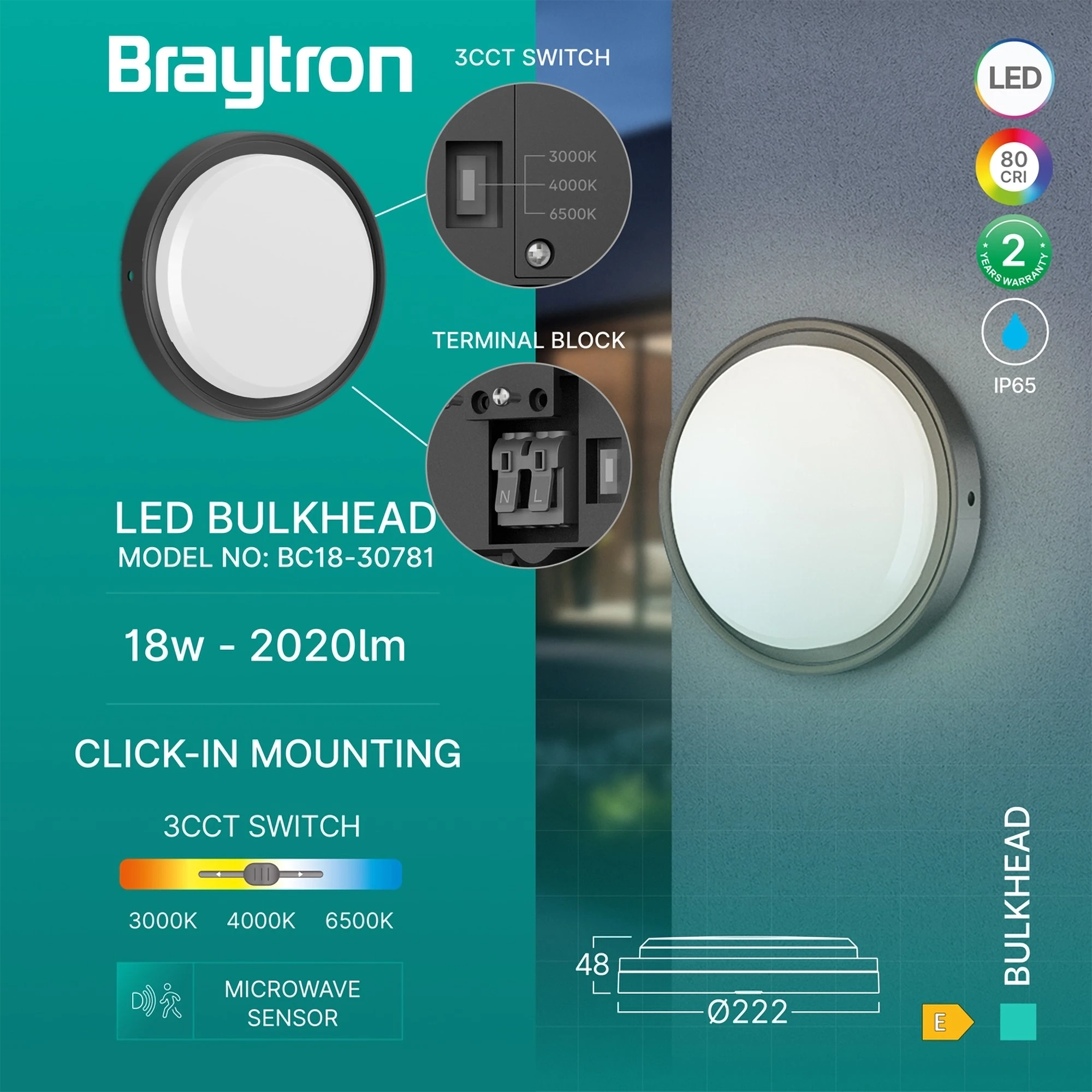 Braytron Bulkhead LED Bulkhead-armatuur 18W IP65 Zwart RND SNS 3IN1
