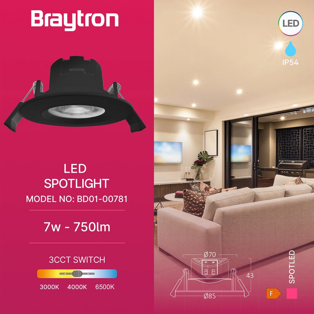 Braytron Spotled G3 LED Spot 7W IP54 Zwart RND 3IN1