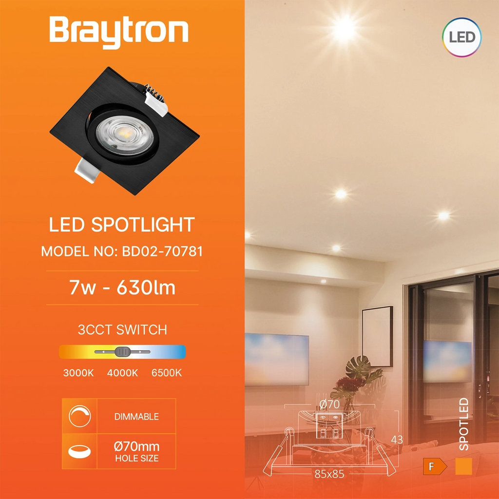 Braytron Spotled G3 LED Spot 7W Zwart SQR DIM 3IN1