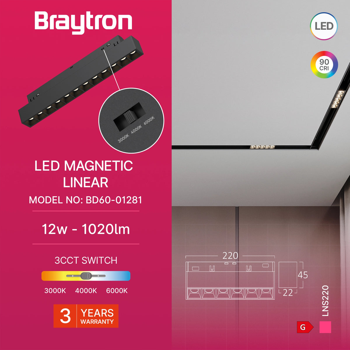 Braytron M20 Magneetrail Lineair 12W 48VDC Zwart LNS220 3IN1