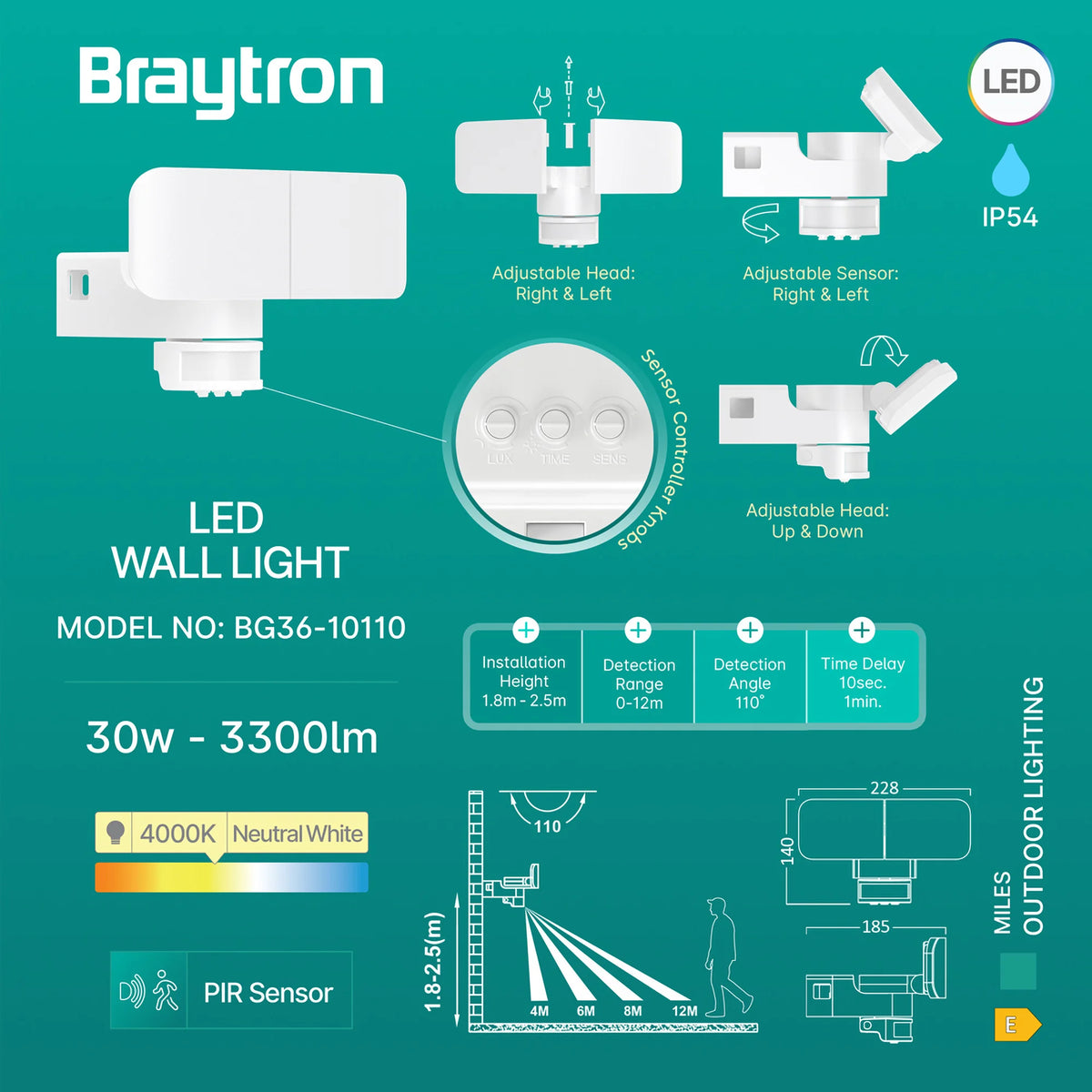 Braytron Miles Wandlamp 30W 4000K IP54 Wit W2