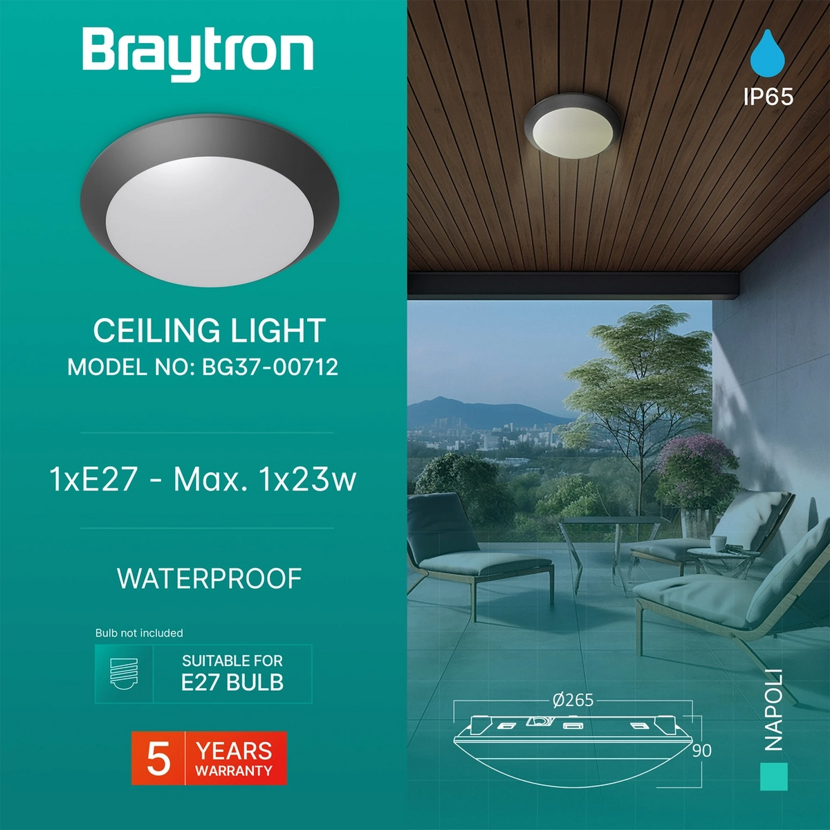 Braytron Napoli Plafondlamp IP65 Grijs D270 1xE27 PC
