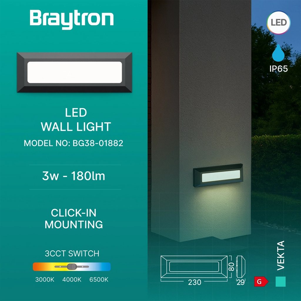 Braytron Vekta Wandlamp 3W IP65 Grijs B RCT 3IN1