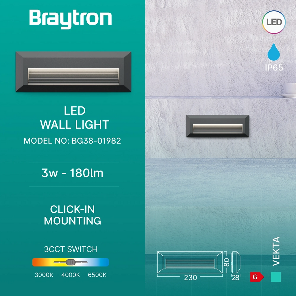 Braytron Vekta Wandlamp 3W IP65 Grijs B RCT 3IN1
