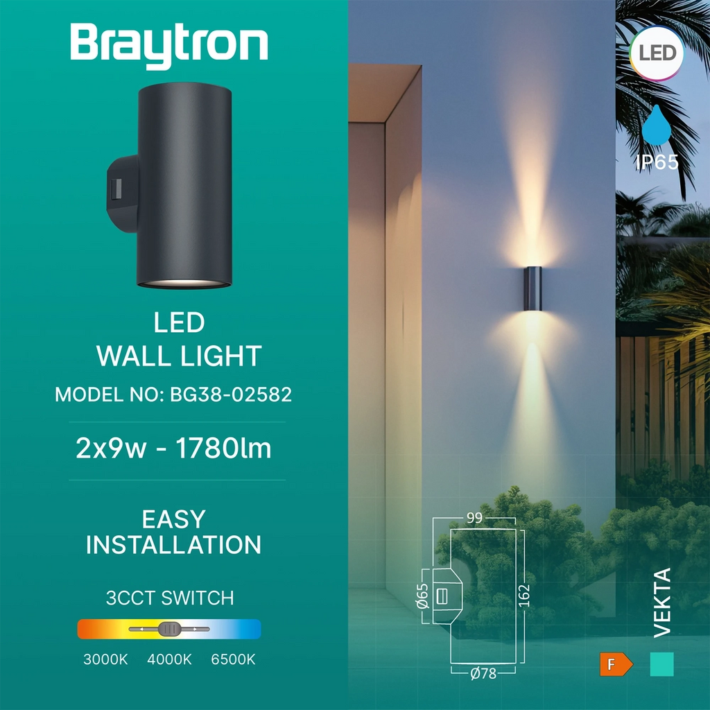 Braytron Vekta Wandlamp IP65 Grijs D WL.2 2x9W 3IN1
