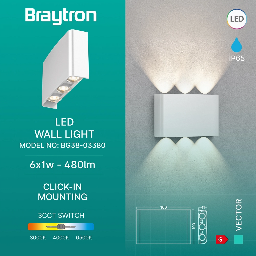 Braytron Vector Wandlamp IP65 Wit B WL 6x1W 3IN1