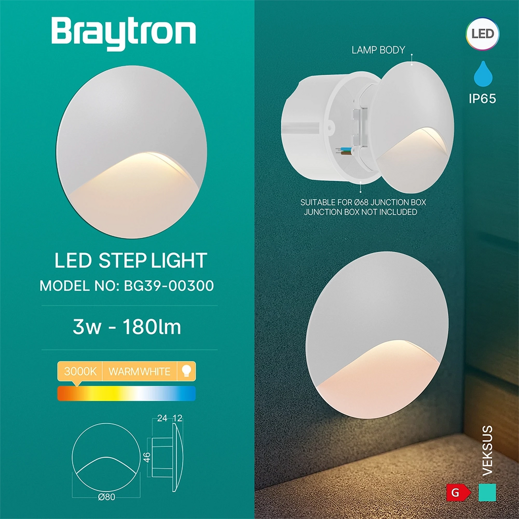 Braytron Veksus Wandlamp 3W 3000K IP65 Wit RND