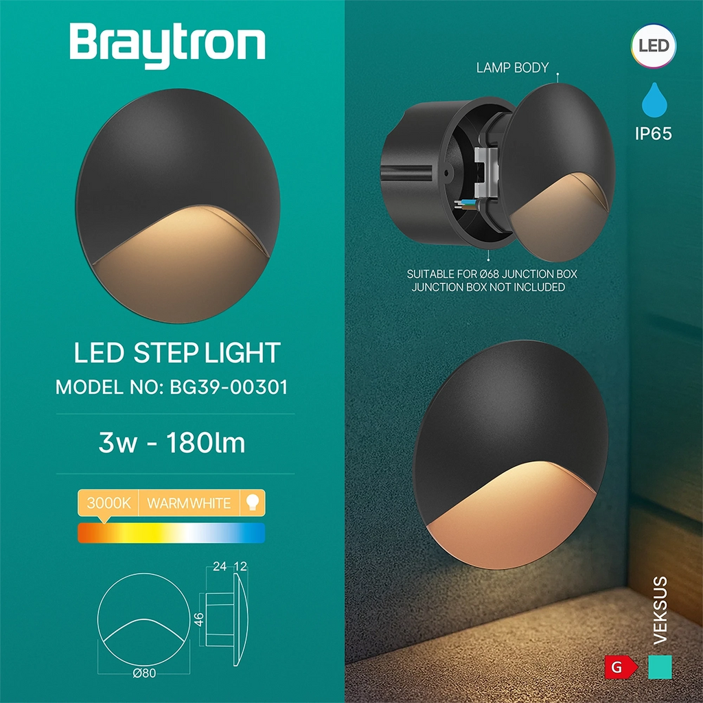Braytron Veksus Wandlamp 3W 3000K IP65 Zwart RND