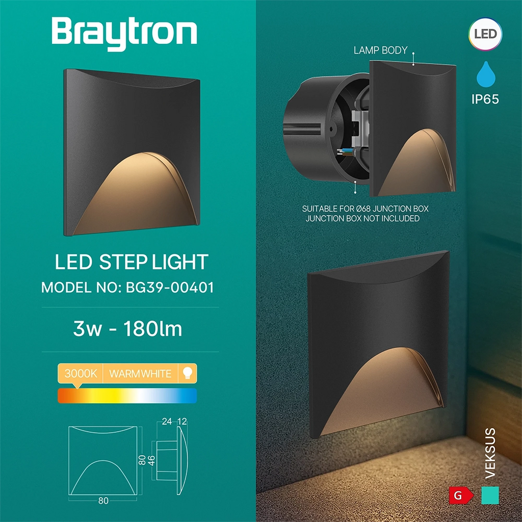 Braytron Veksus Wandlamp 3W 3000K IP65 Zwart SQR
