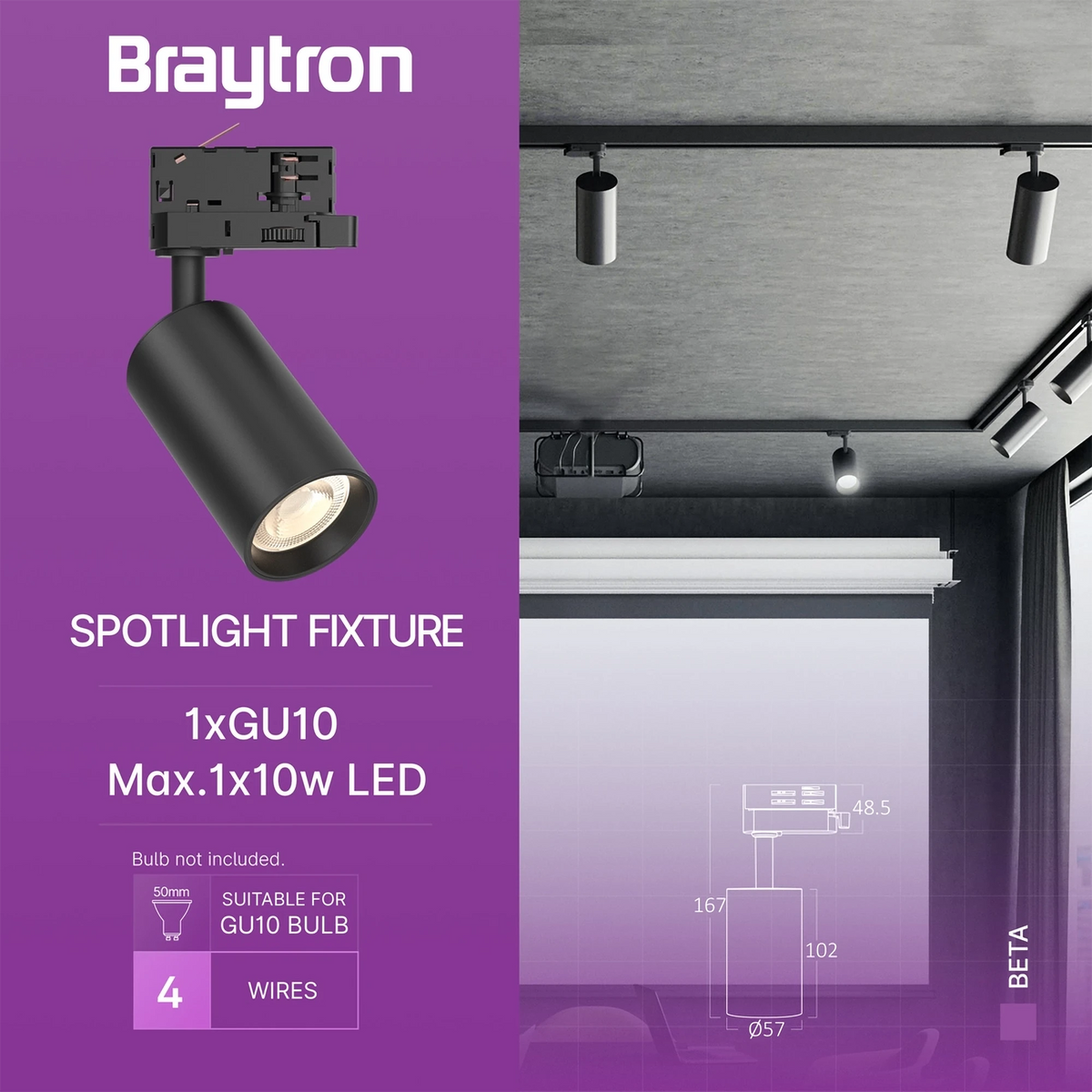 Braytron Beta Railspot GU10 Zwart TR2 4WRS
