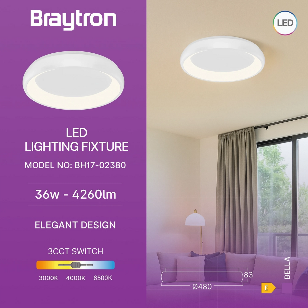 Braytron Bella Plafondarmatuur 36W IP20 Wit MLS SR RND 3IN1