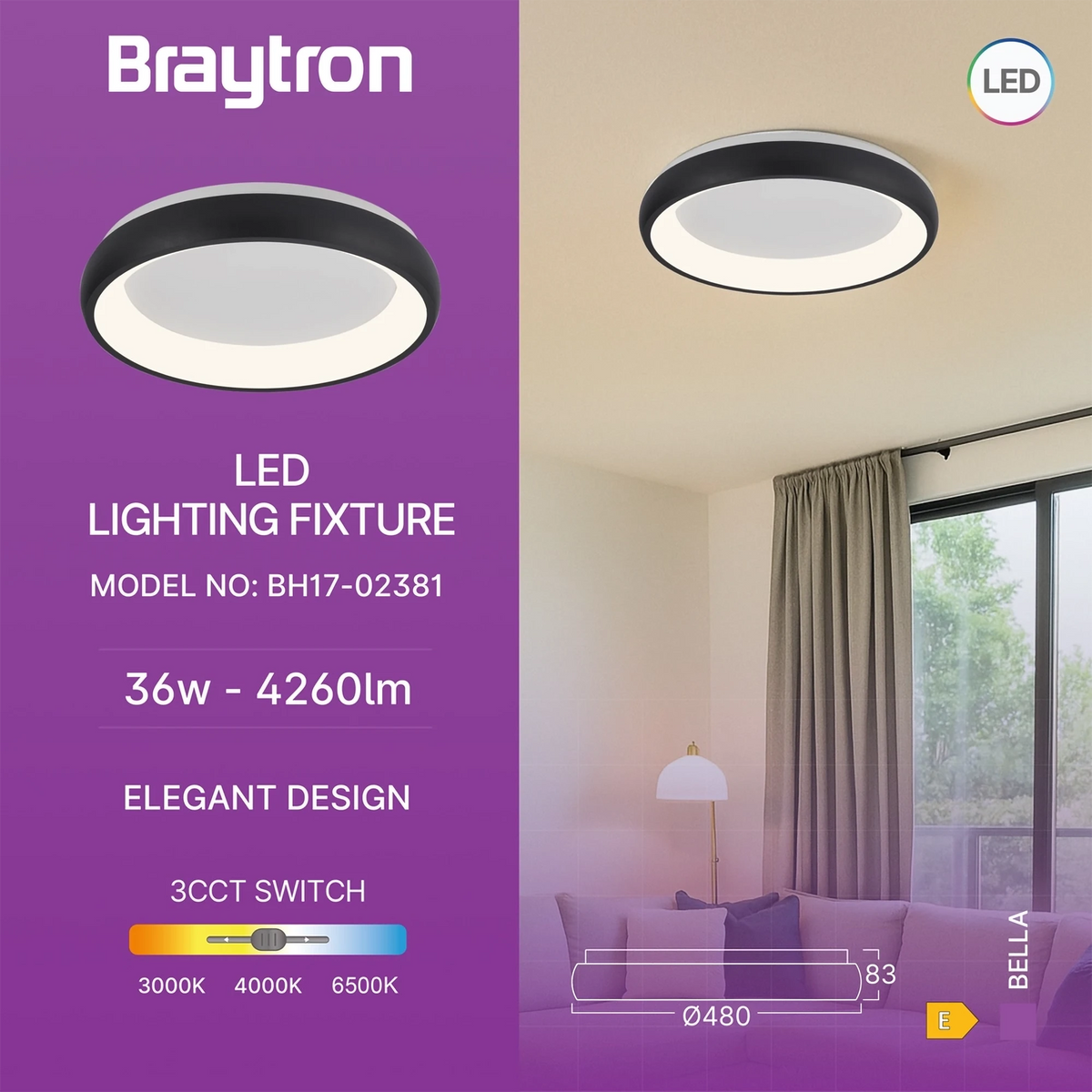 Braytron Bella Plafondarmatuur 36W IP20 Zwart MLS SR RND 3IN1