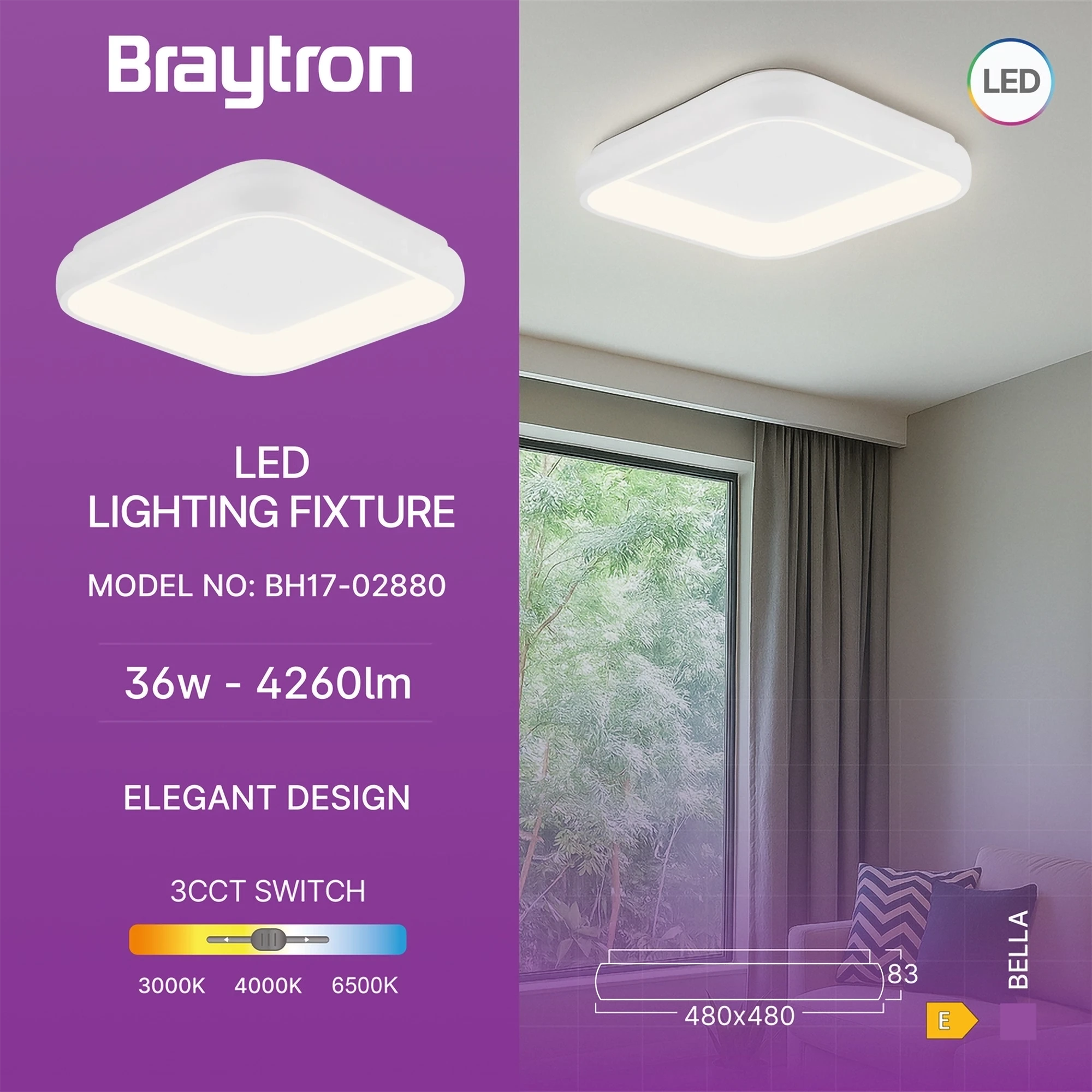 Braytron Bella Plafondarmatuur 36W IP20 Wit MLS SR SQR 3IN1
