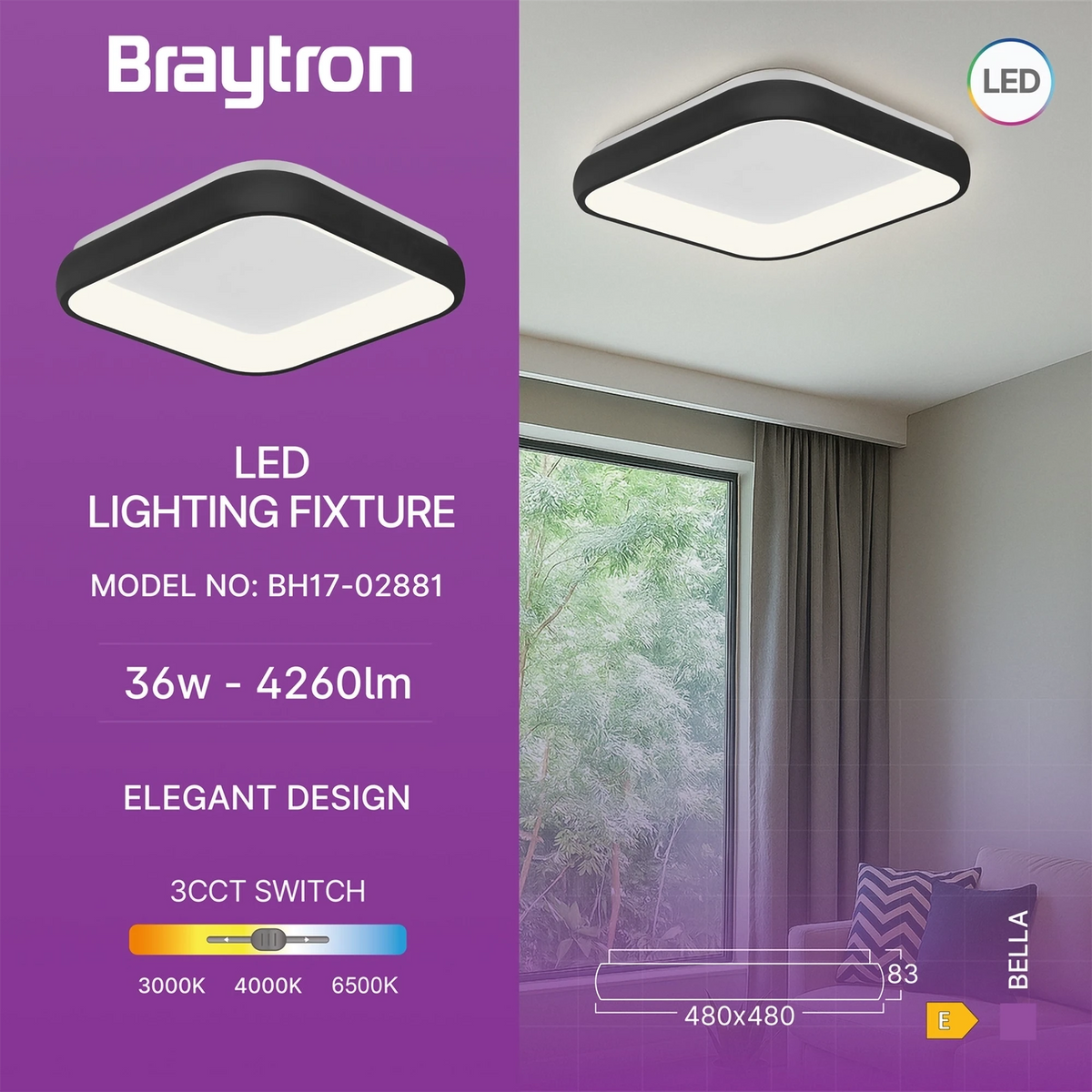 Braytron Bella Plafondarmatuur 36W IP20 Zwart MLS SR SQR 3IN1
