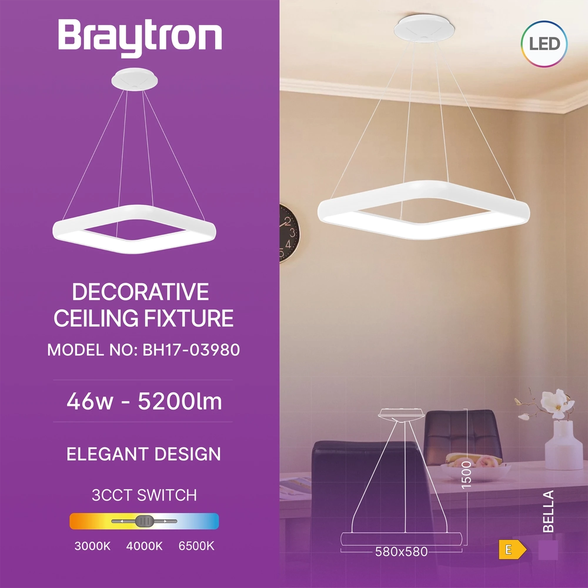 Braytron Bella Plafondarmatuur 46W IP20 Wit MLP PD SQR 3IN1