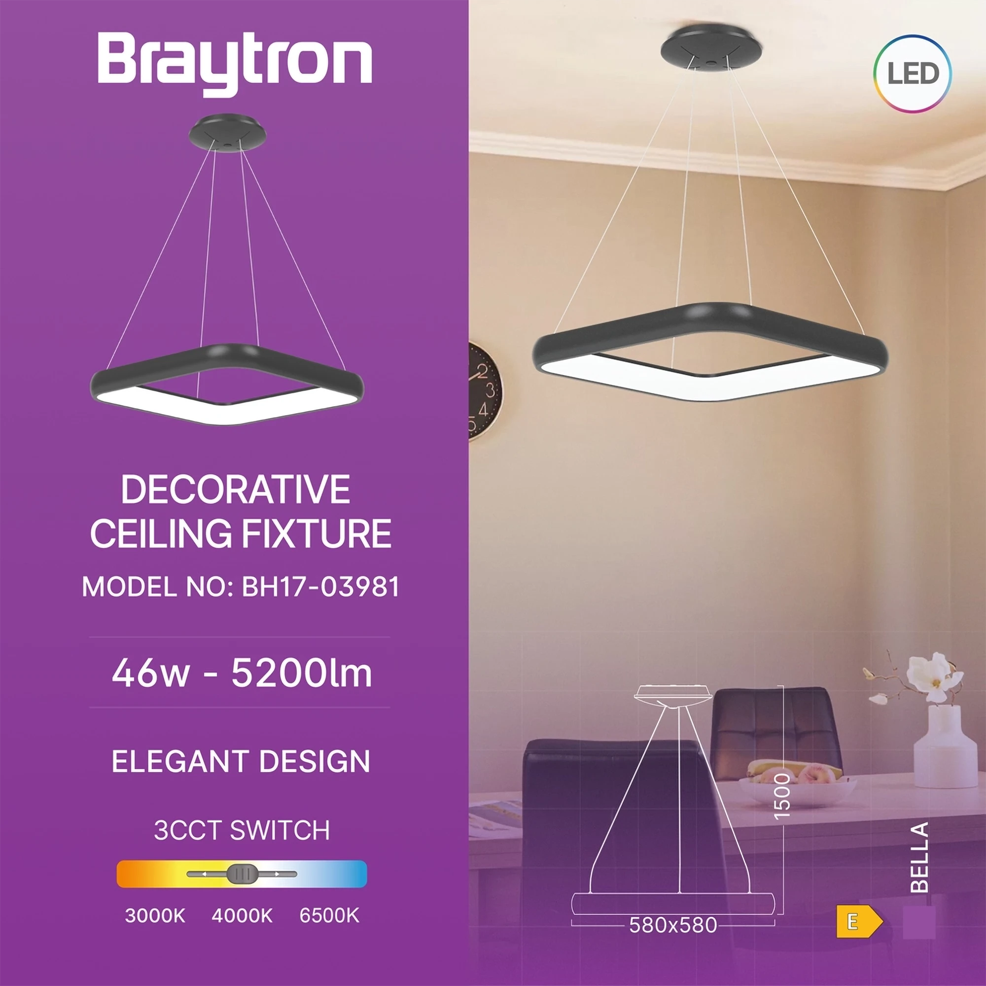 Braytron Bella Plafondarmatuur 46W IP20 Zwart MLP PD SQR 3IN1