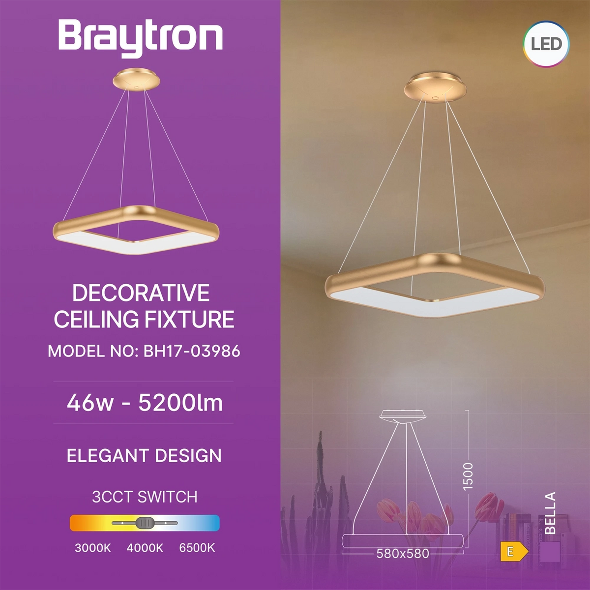 Braytron Bella Plafondarmatuur 46W IP20 Goud MLP PD SQR 3IN1