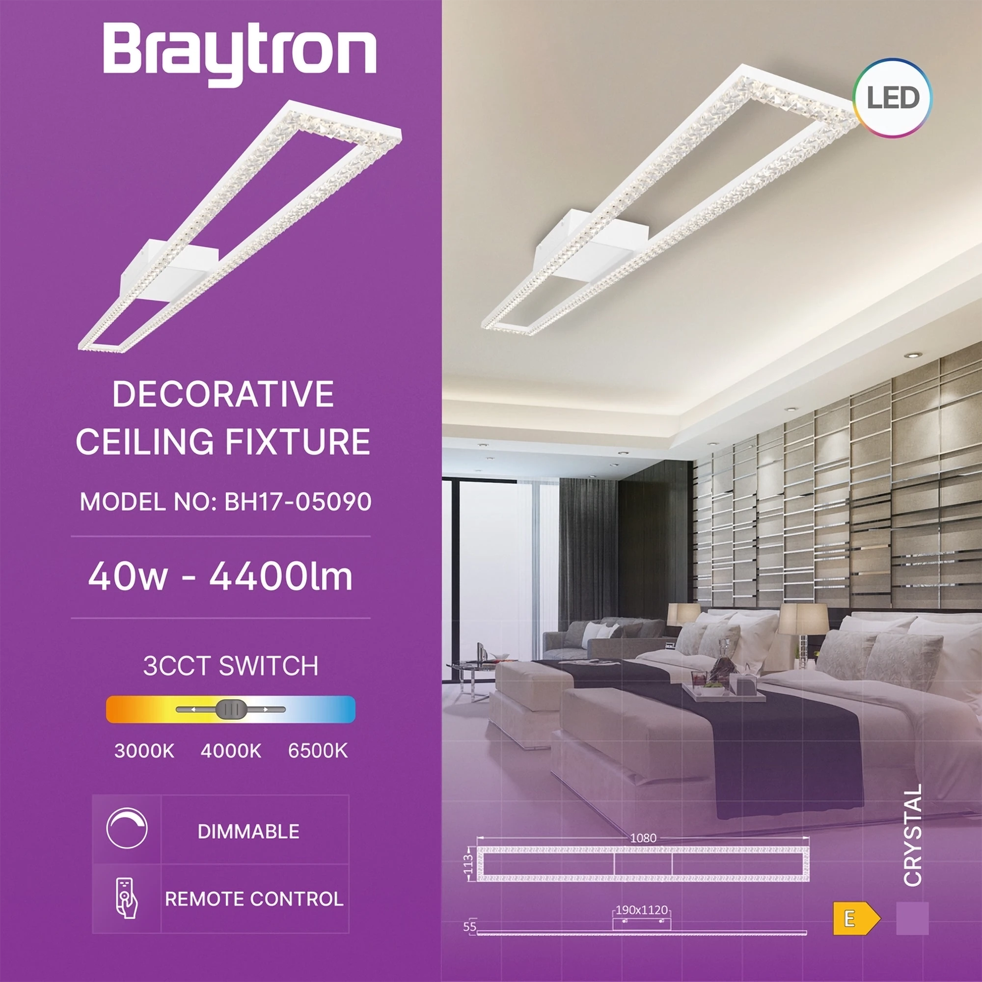 Braytron Crystal Plafondlamp 40W Wit C 3IN1 RMT