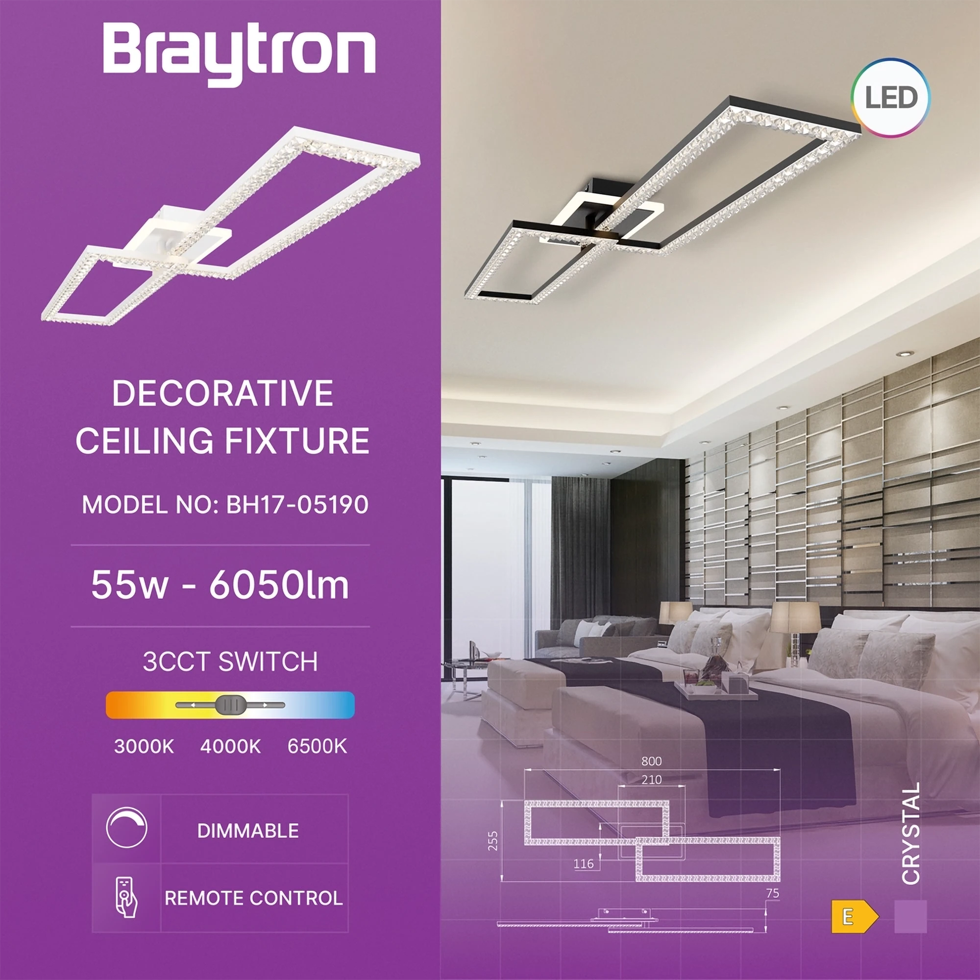 Braytron Crystal Plafondlamp 55W Wit D 3IN1 RMT