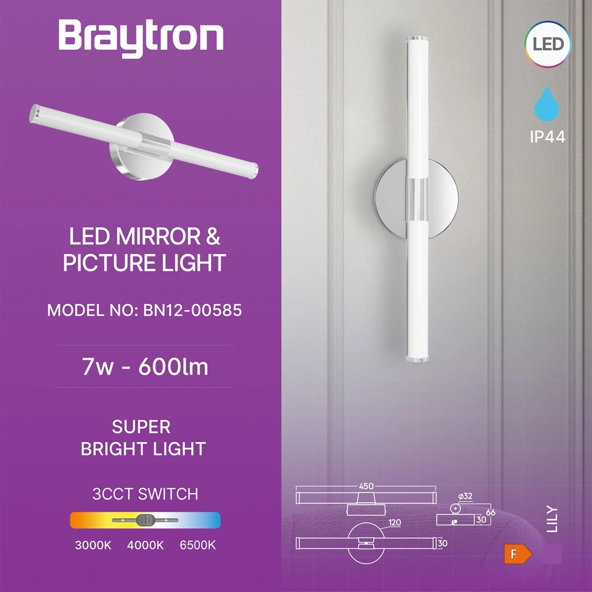 Braytron Lily Spiegellamp 7W C 450 3IN1 CHR