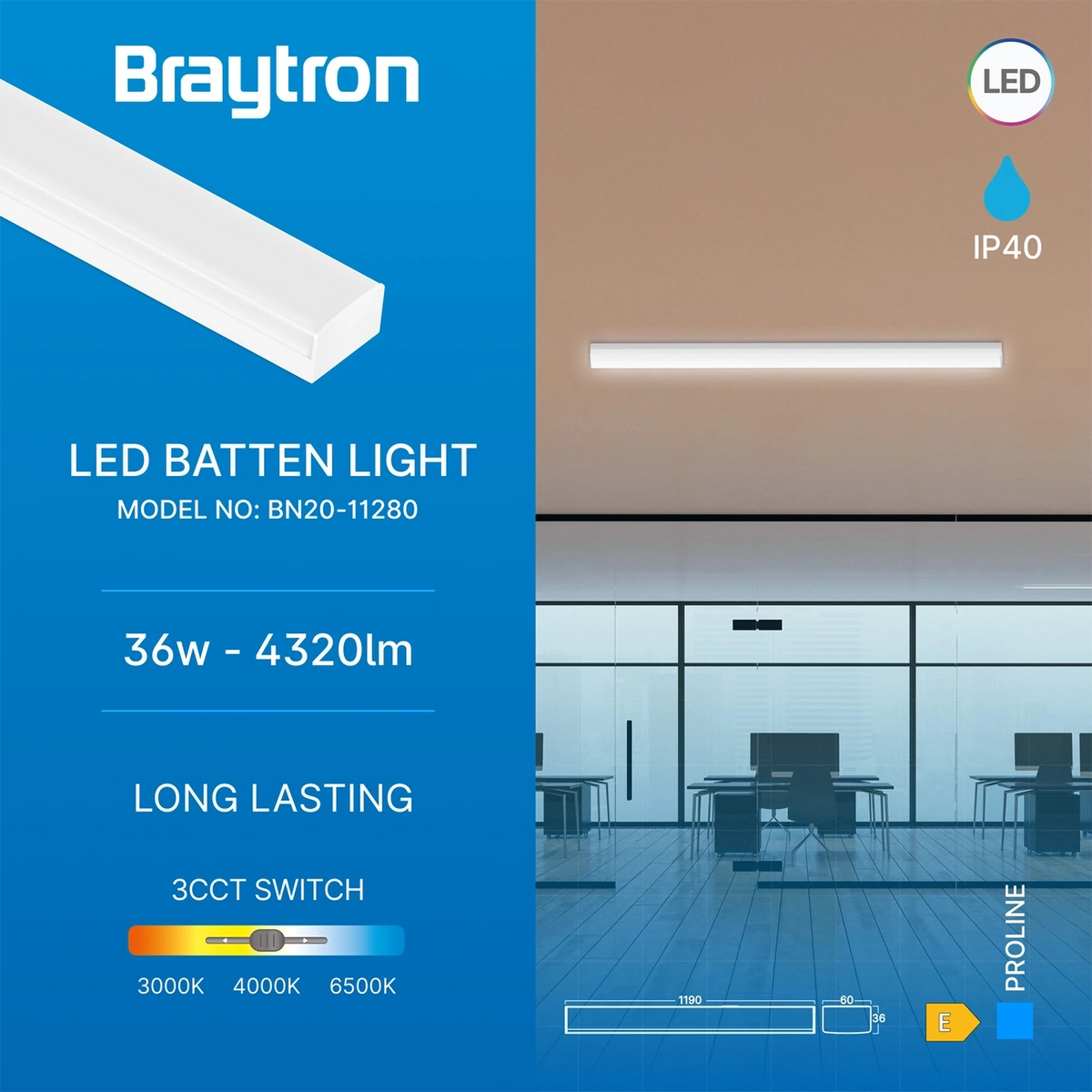 Braytron Proline LED Balklamp 36W Wit PT 1.2MT 3IN1