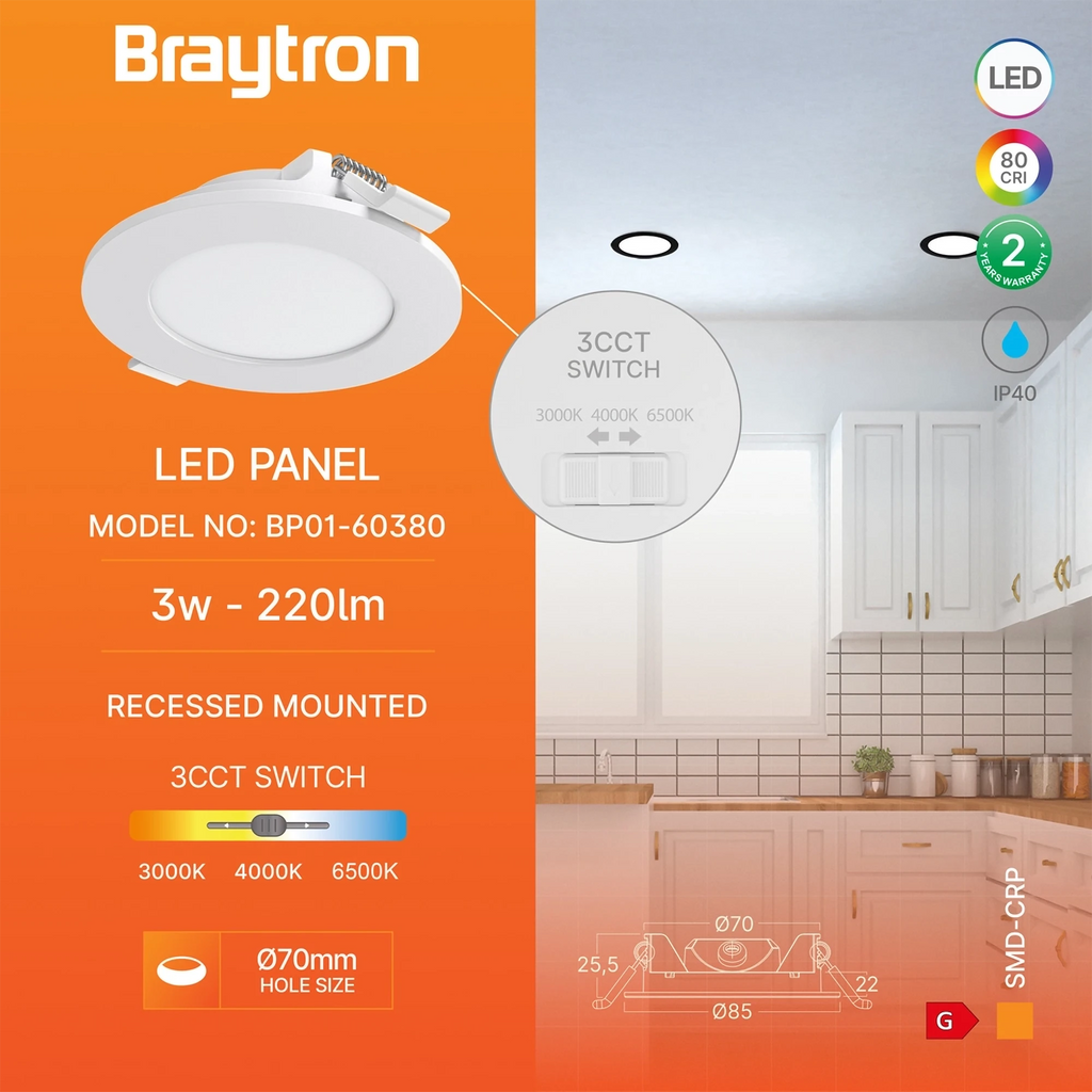 Braytron Smd LED Paneel 3W Wit CRP RND 3INC 3IN1