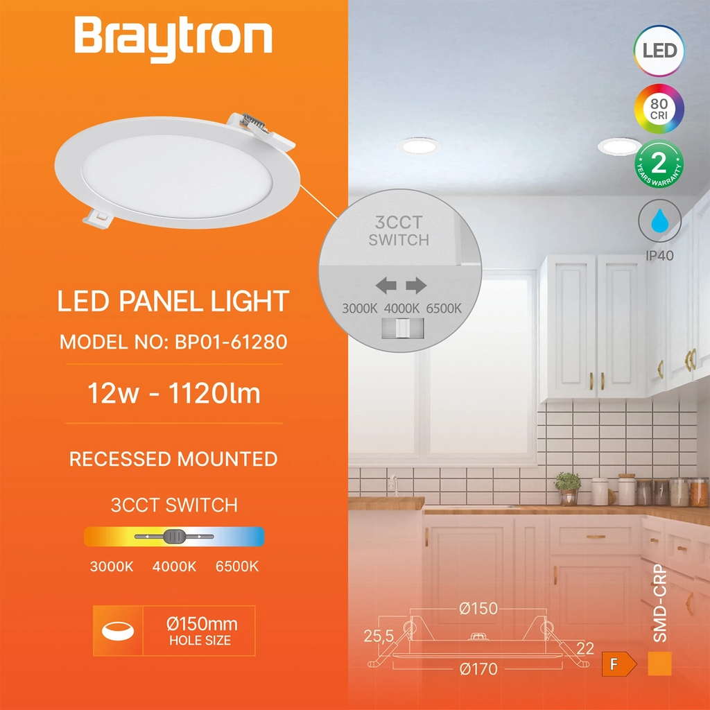 Braytron Smd LED Paneel 12W Wit CRP RND 6INC 3IN1