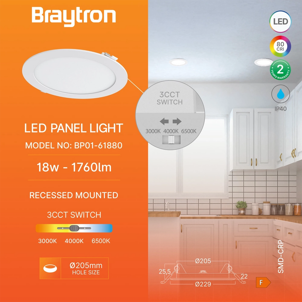 Braytron Smd LED Paneel 18W Wit CRP RND 8INC 3IN1