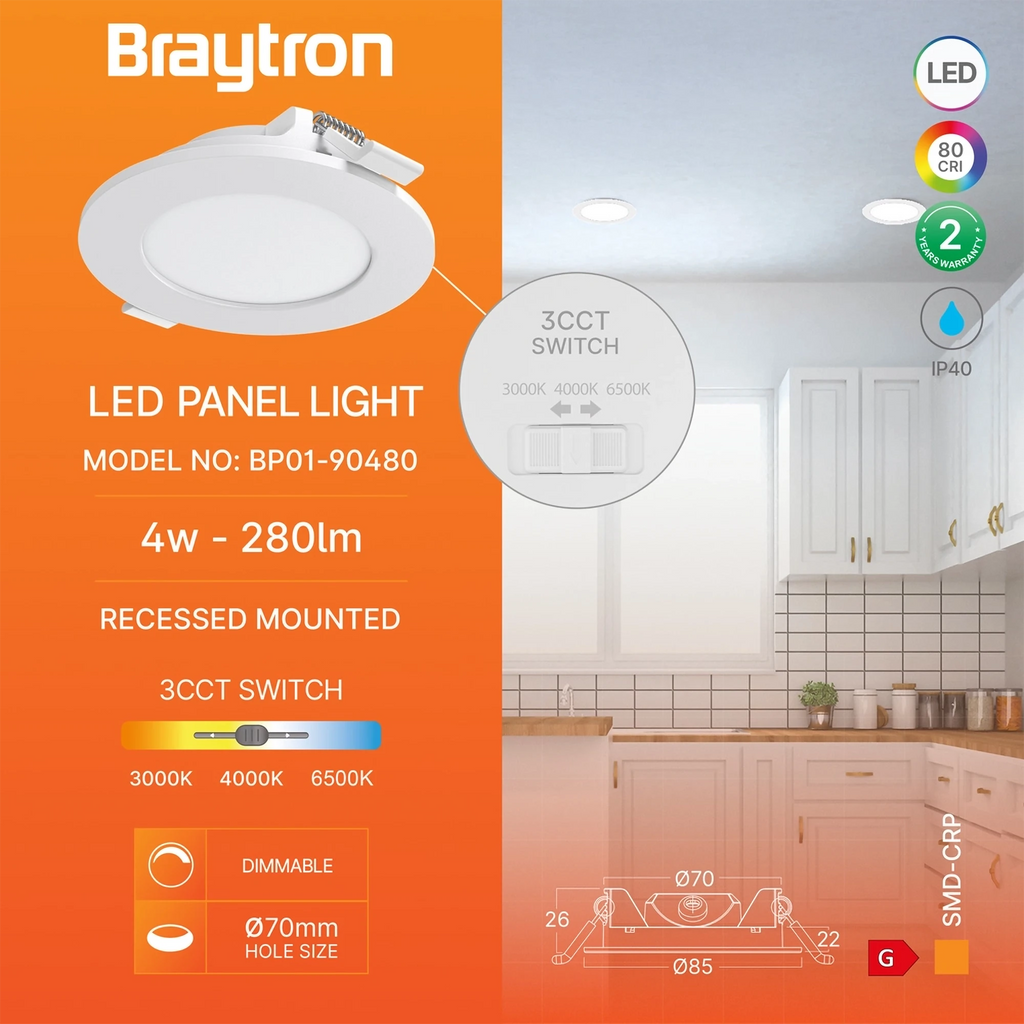 Braytron Smd LED Paneel 4W Wit CRP RND DIM 3INC 3IN1