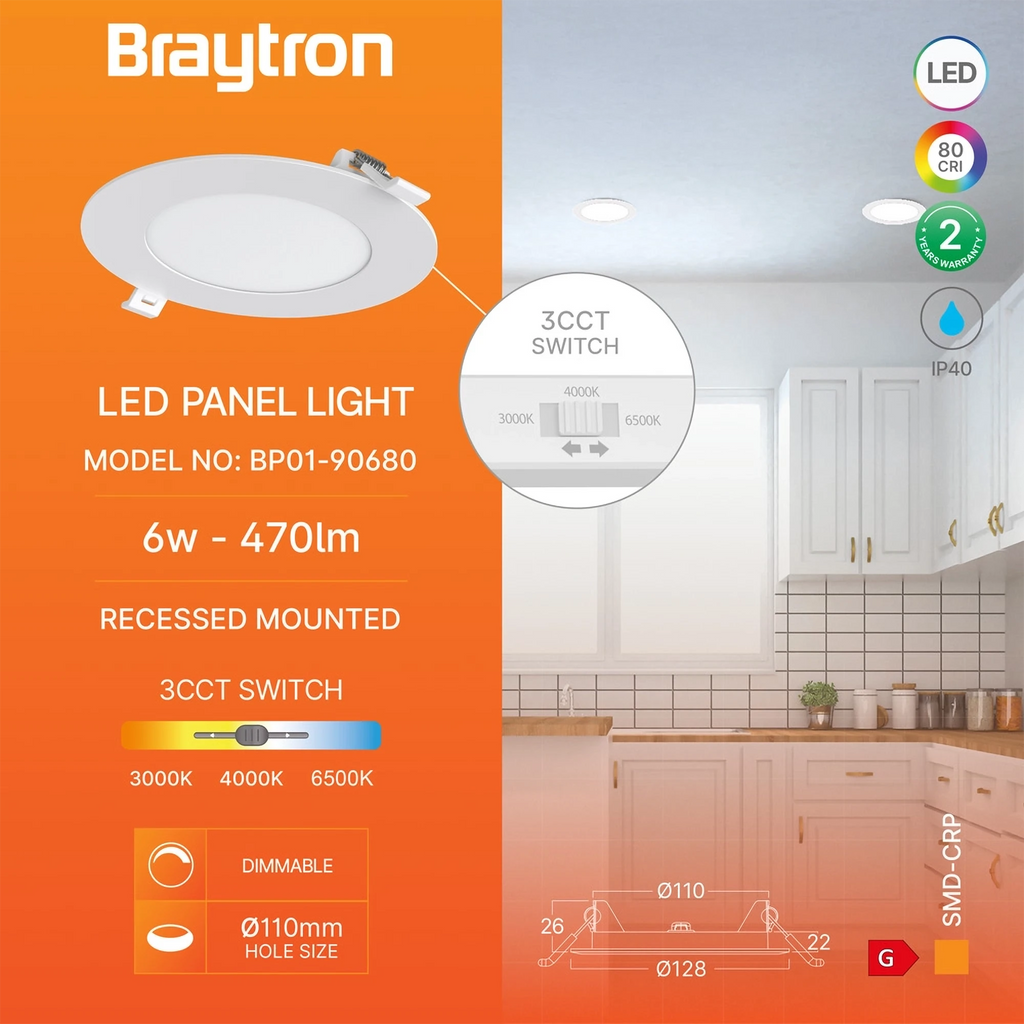 Braytron Smd LED Paneel 6W Wit CRP RND DIM 4INC 3IN1