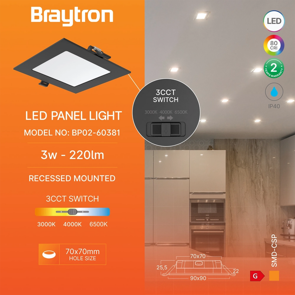 Braytron Smd LED Paneel 3W Zwart CSP SQR 3INC 3IN1