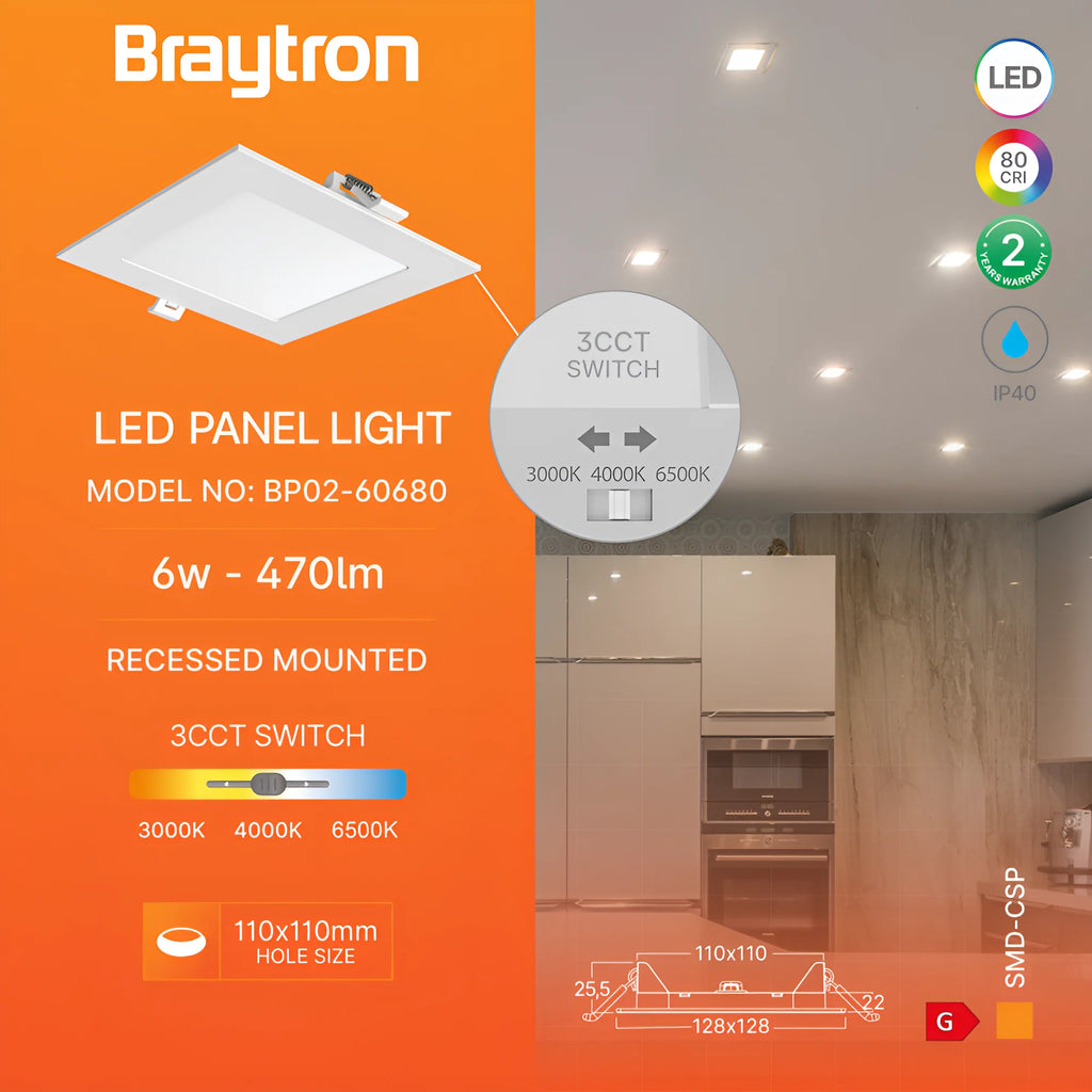 Braytron Smd LED Paneel 6W Wit CSP SQR 4INC 3IN1