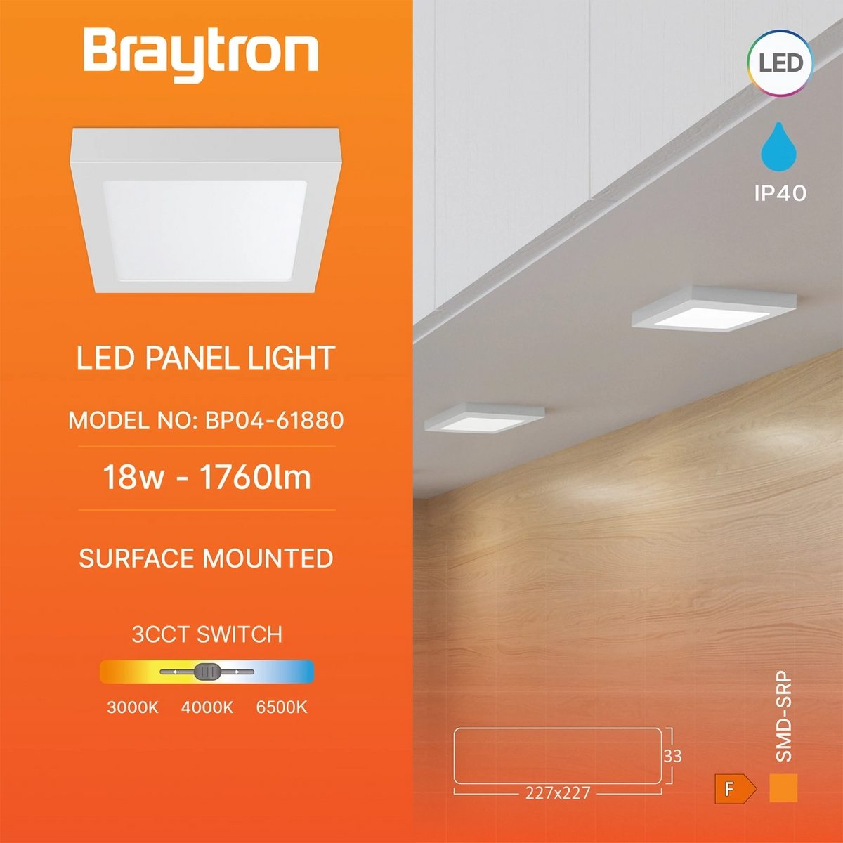 Braytron Smd LED Paneel 18W Wit SRP SQR 3IN1