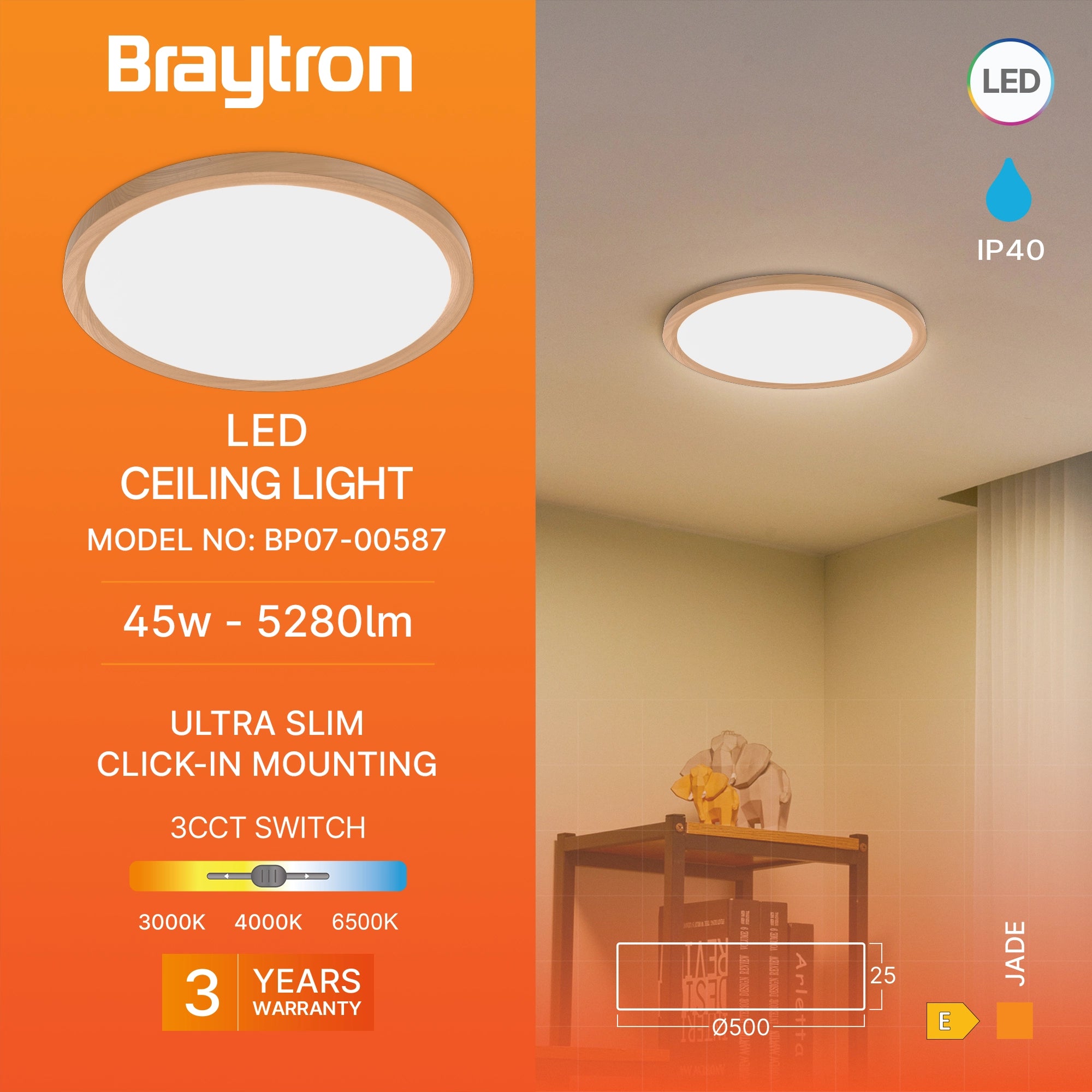 Braytron Jade Plafondlamp 45W SLR WDN RND 3IN1